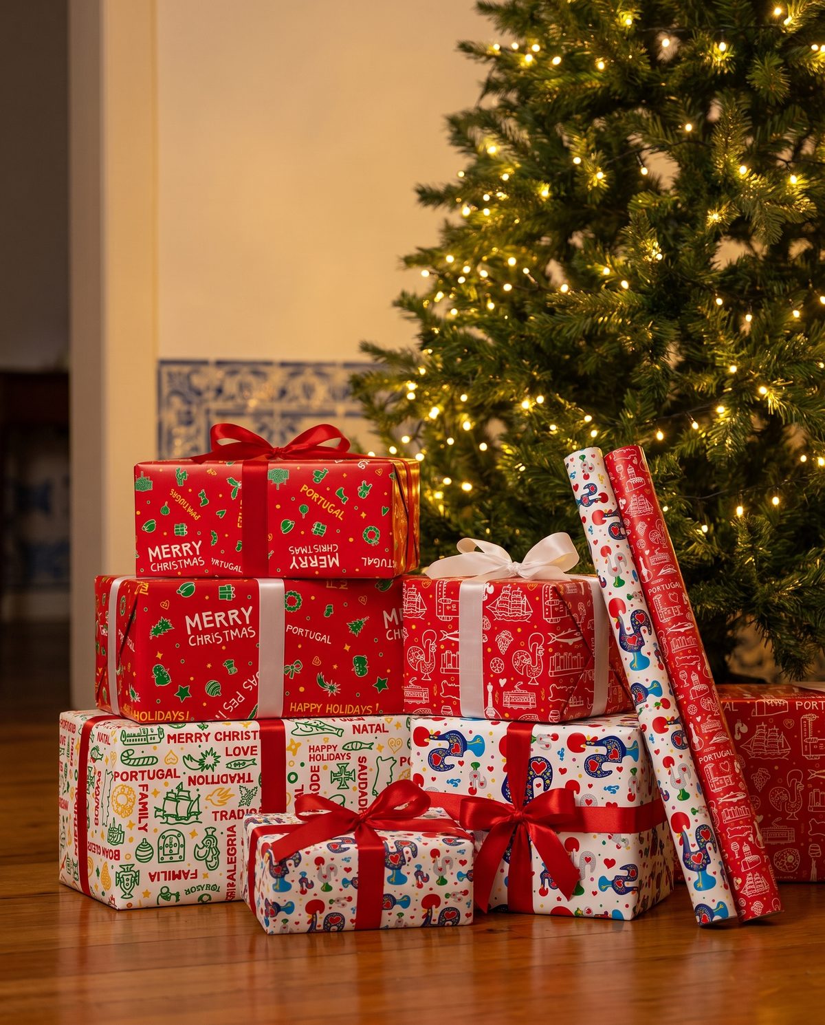 Gifts wrapped in our Portuguese wrapping paper under a Christmas tree