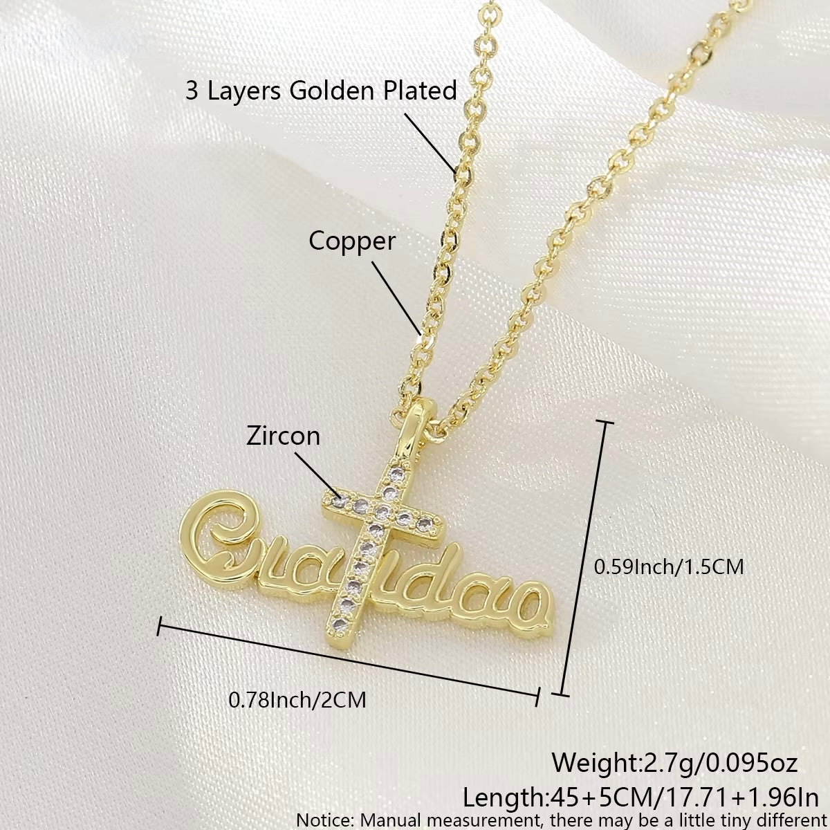 Gold Plated Wire Religious Pendent Necklace - Virgin Mary, 'Gratidão' and Cross