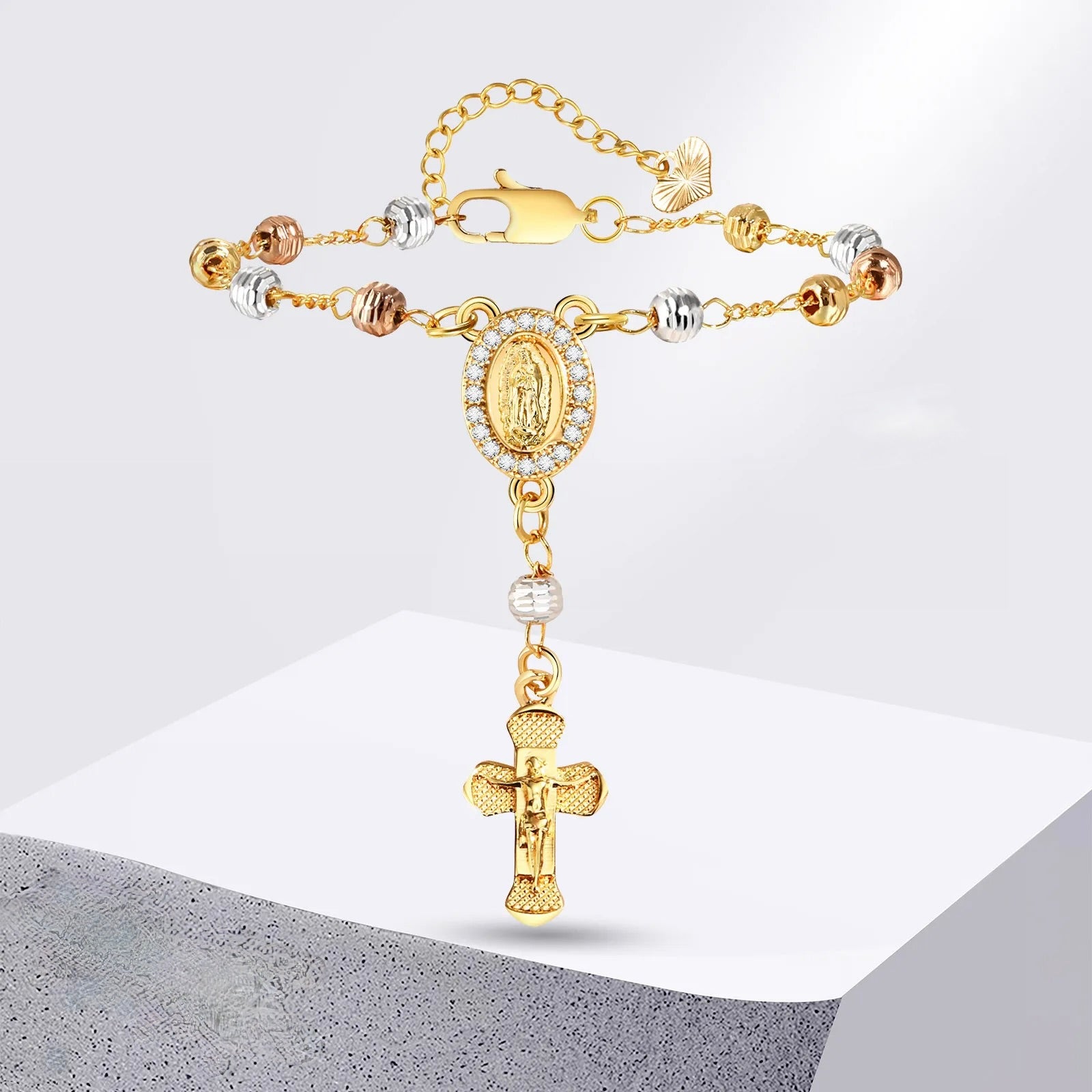 Gold Plated Zirconia Virgin Mary Rosary Tri-color Beaded Wire with Cross Pendent Bracelet Adjustable