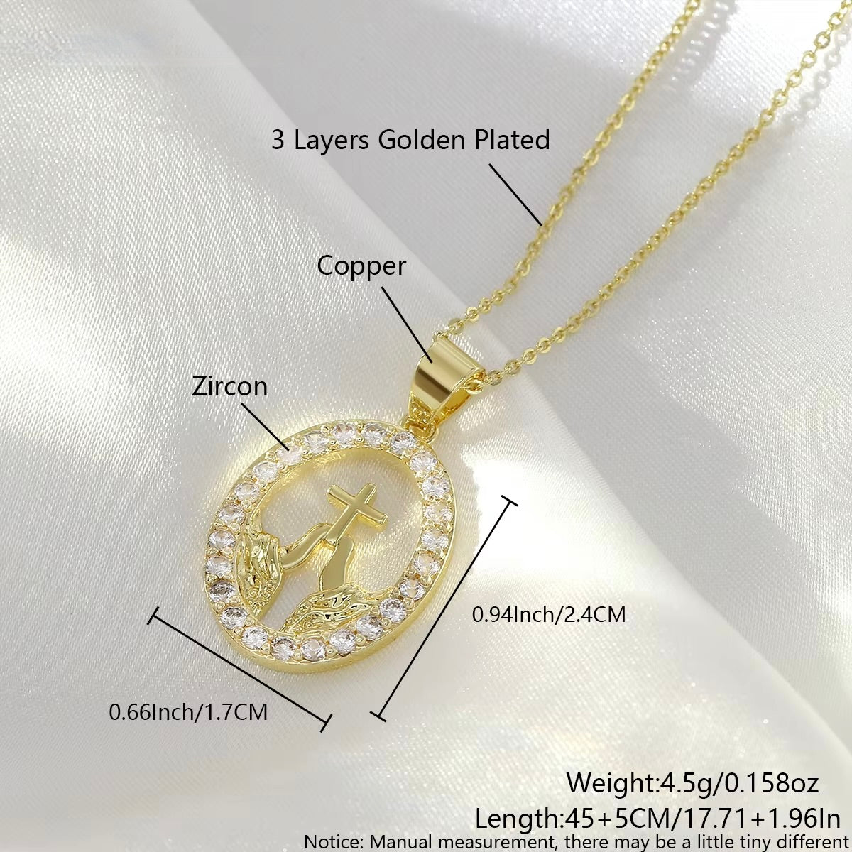 Gold Plated Wire Religious Pendent Necklace - Virgin Mary, 'Gratidão' and Cross