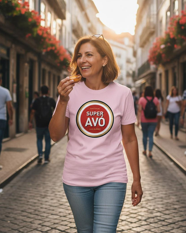 Woman walking down a street eating a pastel de nata, wearing a pink t-shirt with 'Super Avó' design.