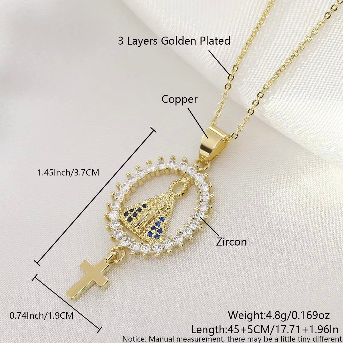 Gold Plated Wire Religious Pendent Necklace - Virgin Mary, 'Gratidão' and Cross