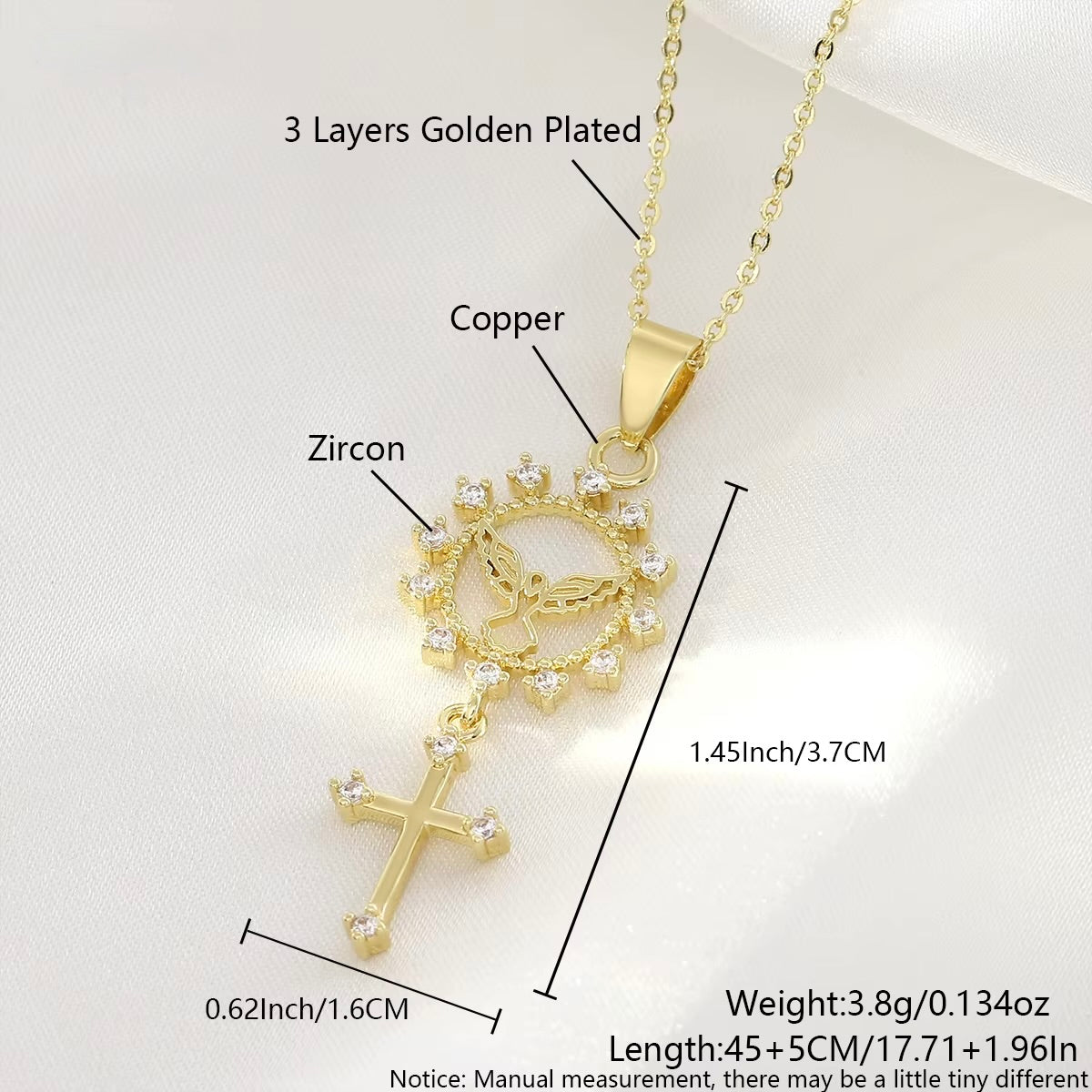 Gold Plated Wire Religious Pendent Necklace - Virgin Mary, 'Gratidão' and Cross