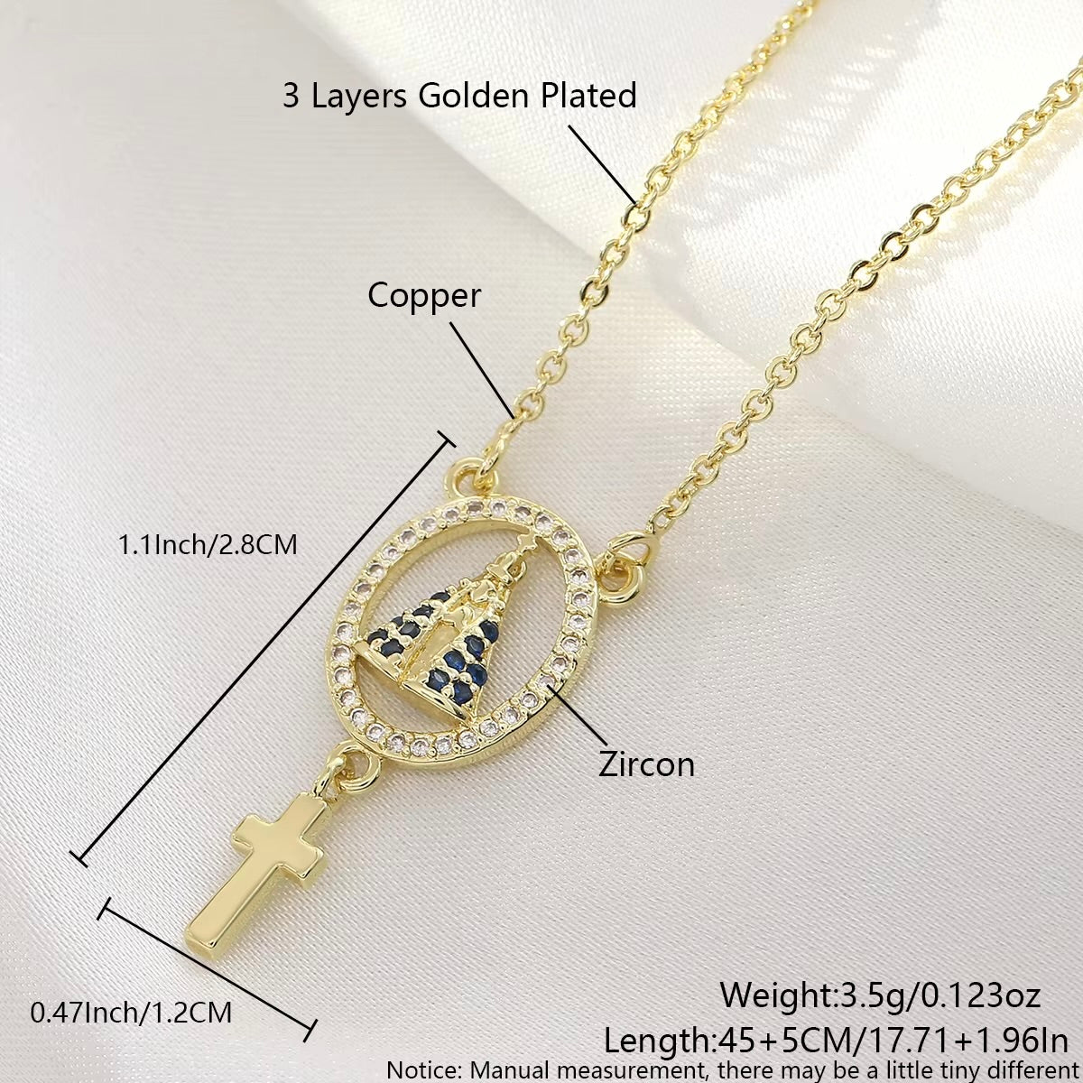 Gold Plated Wire Religious Pendent Necklace - Virgin Mary, 'Gratidão' and Cross