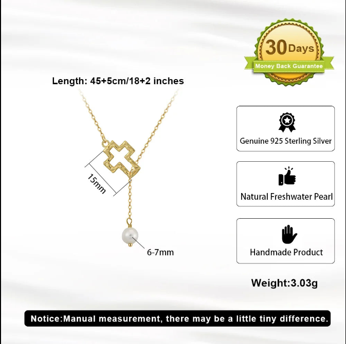 925 Silver Pearl Pendant Chain with Cross Charm Necklace