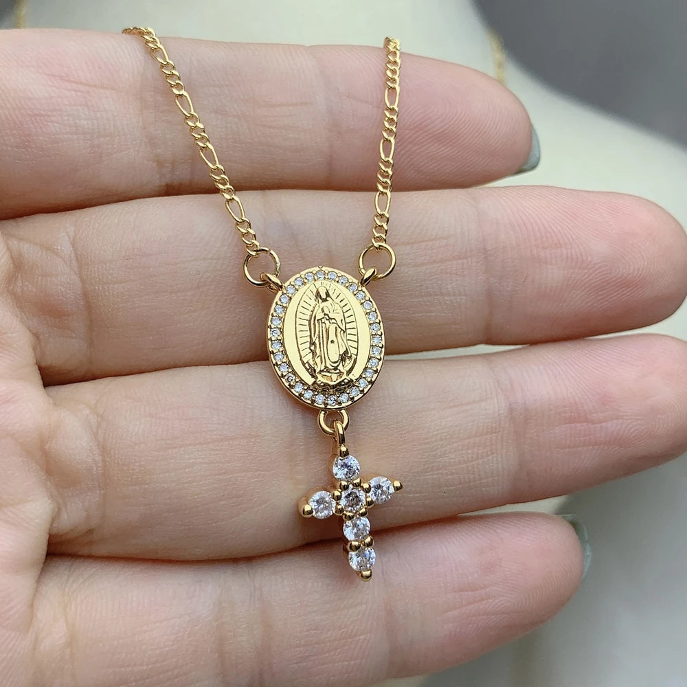 18 K Gold Plated Virgin Mary with Zircon Small Cross Pendant Necklace