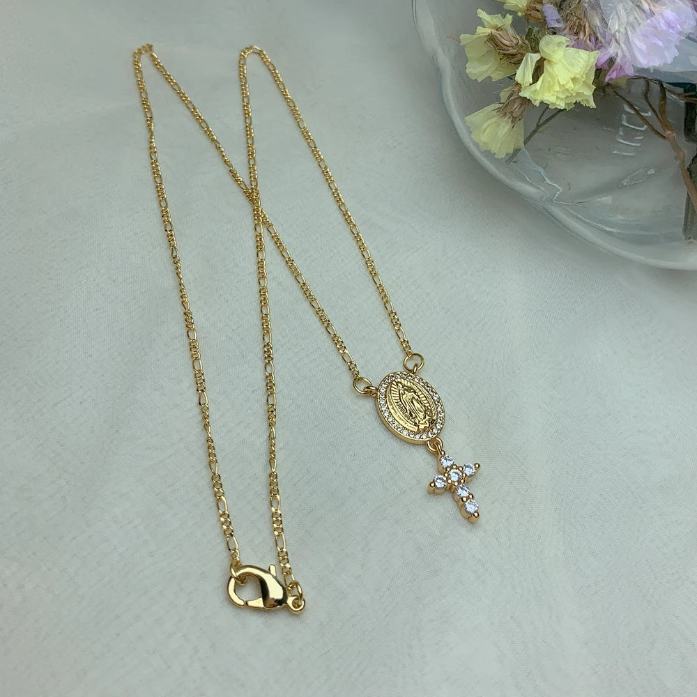 18 K Gold Plated Virgin Mary with Zircon Small Cross Pendant Necklace