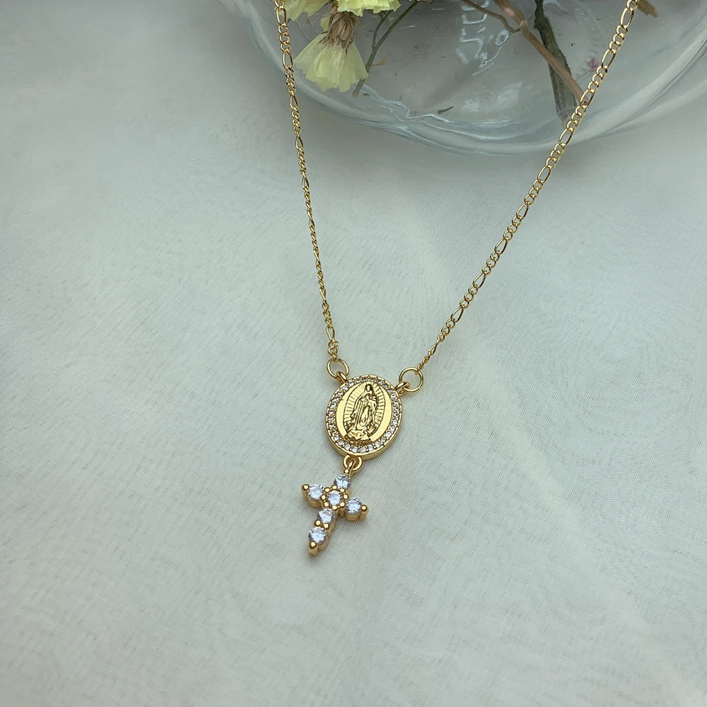 18 K Gold Plated Virgin Mary with Zircon Small Cross Pendant Necklace