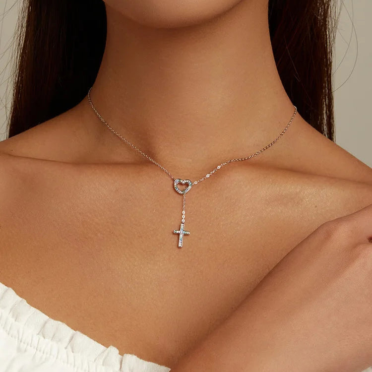 925 Sterling Silver Zircon Heart Cross Pendant Necklace