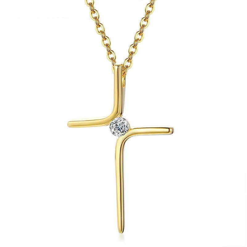 Gold Plated Stainless Steel Zircon Cross Pendant Necklace