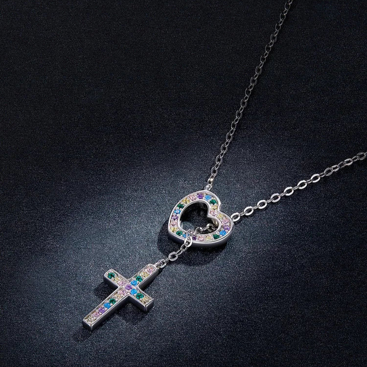 925 Sterling Silver Zircon Heart Cross Pendant Necklace