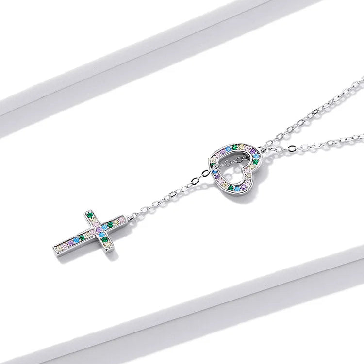 925 Sterling Silver Zircon Heart Cross Pendant Necklace