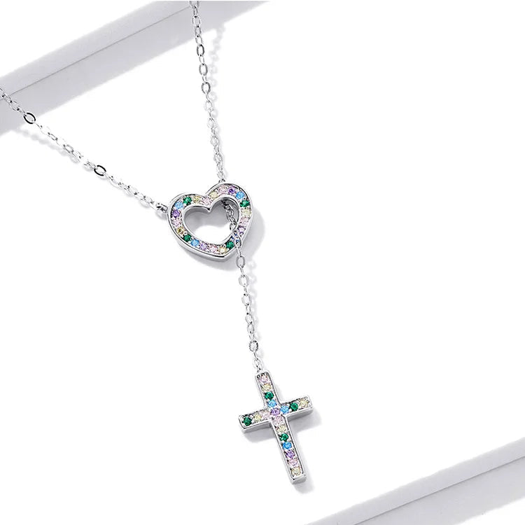 925 Sterling Silver Zircon Heart Cross Pendant Necklace