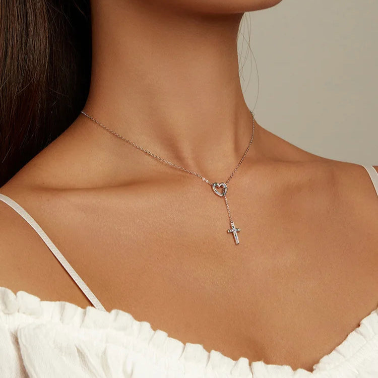 925 Sterling Silver Zircon Heart Cross Pendant Necklace