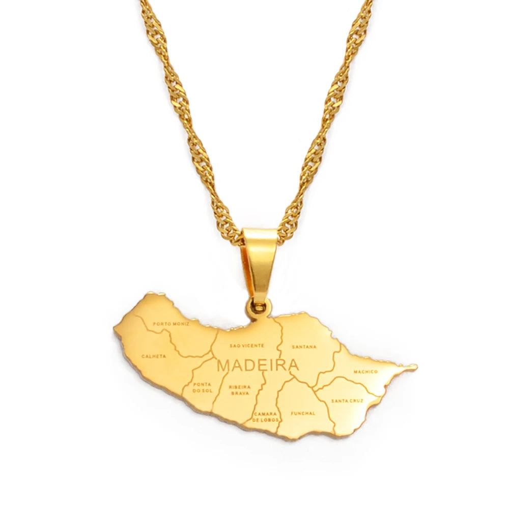 Stainless Steel Madeira Map Pendant Necklace