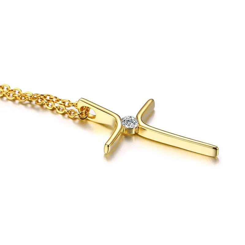 Gold Plated Stainless Steel Zircon Cross Pendant Necklace