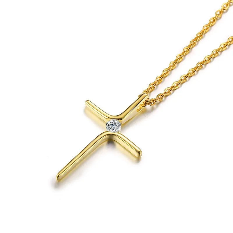 Gold Plated Stainless Steel Zircon Cross Pendant Necklace