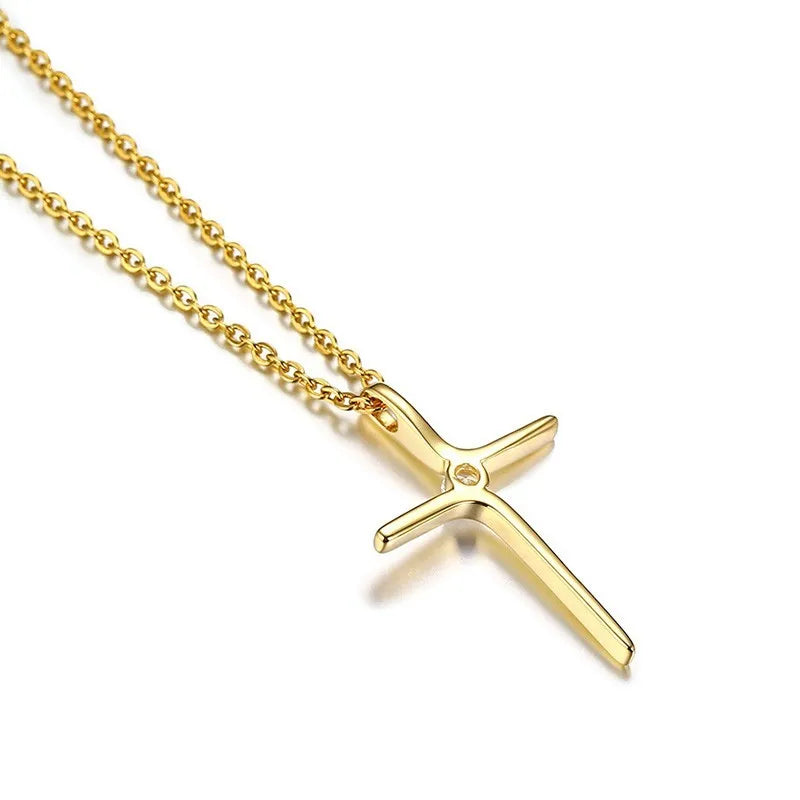 Gold Plated Stainless Steel Zircon Cross Pendant Necklace