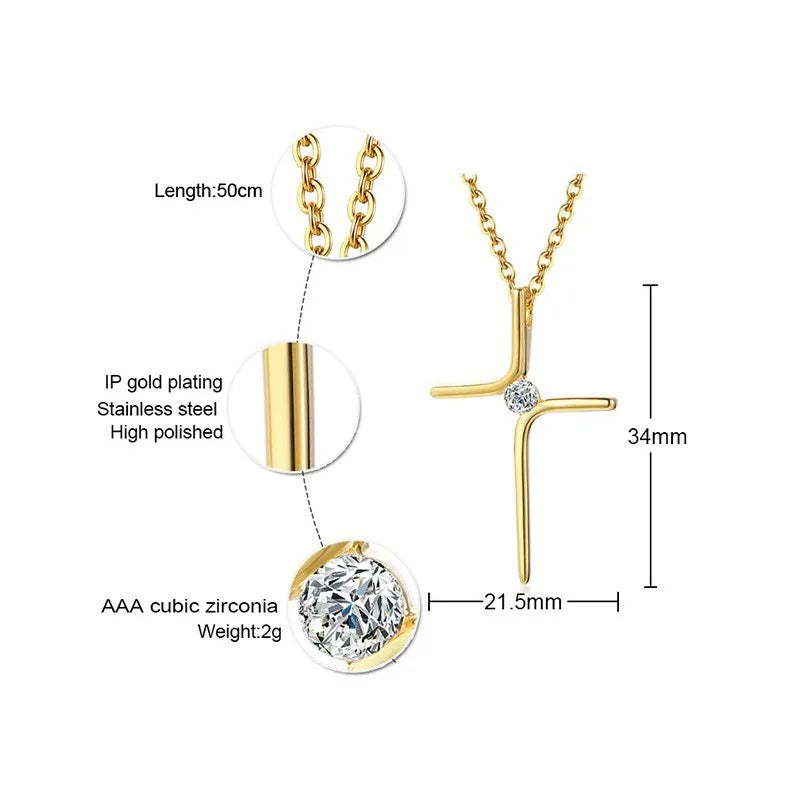 Gold Plated Stainless Steel Zircon Cross Pendant Necklace