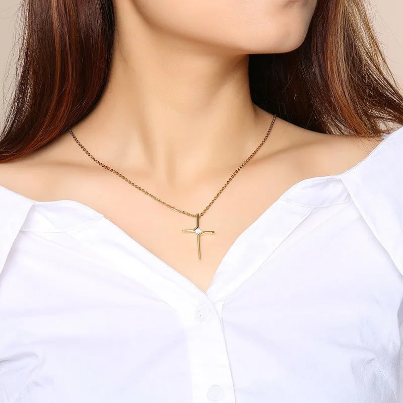Gold Plated Stainless Steel Zircon Cross Pendant Necklace