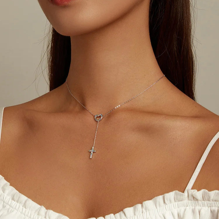 925 Sterling Silver Zircon Heart Cross Pendant Necklace