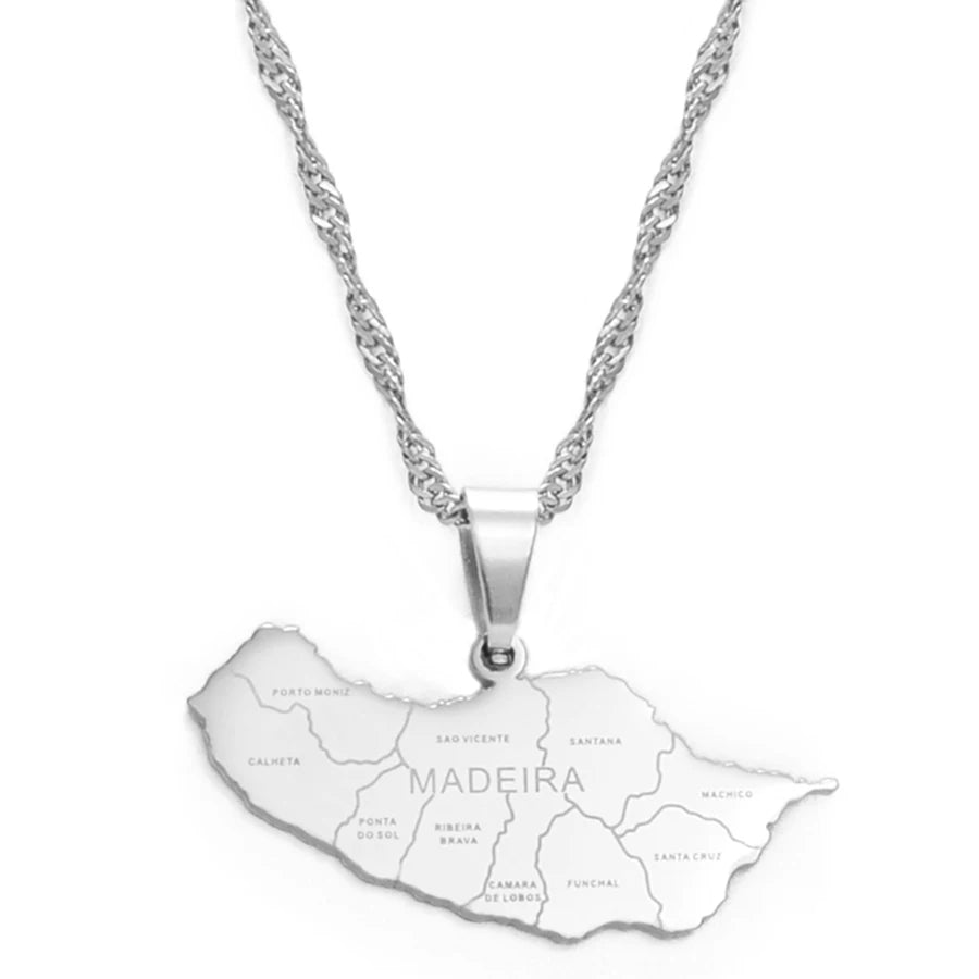 Stainless Steel Madeira Map Pendant Necklace