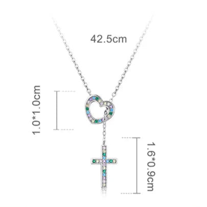 925 Sterling Silver Zircon Heart Cross Pendant Necklace