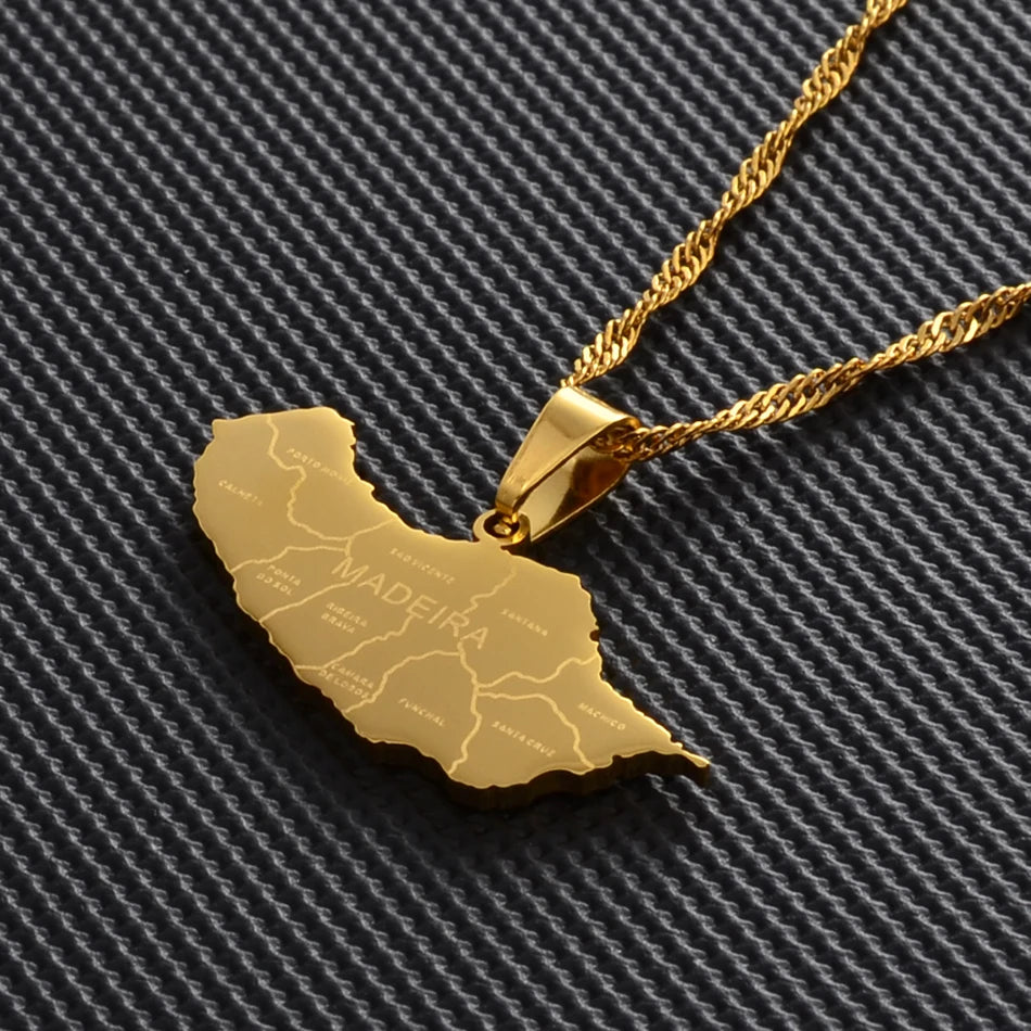 Stainless Steel Madeira Map Pendant Necklace