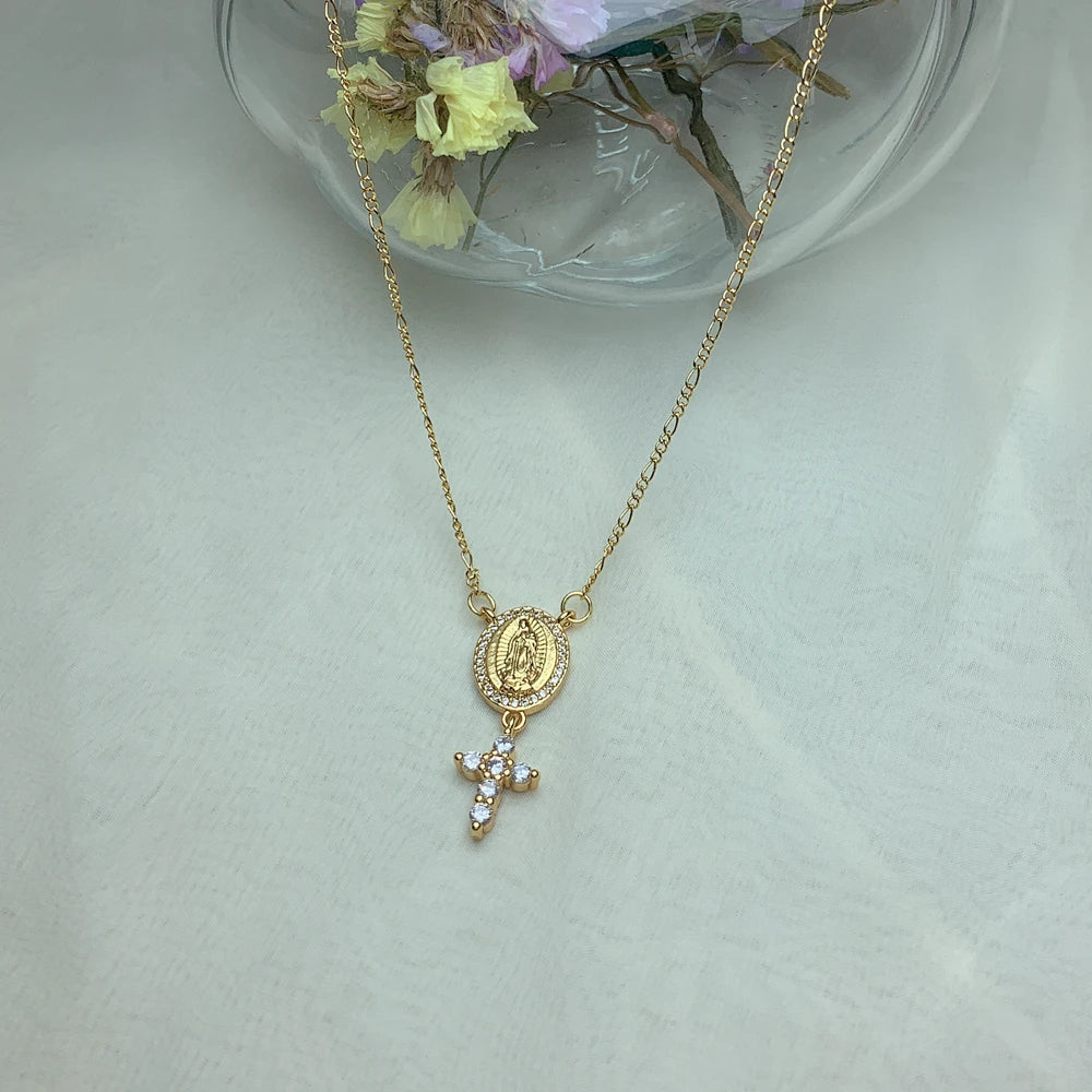 18 K Gold Plated Virgin Mary with Zircon Small Cross Pendant Necklace