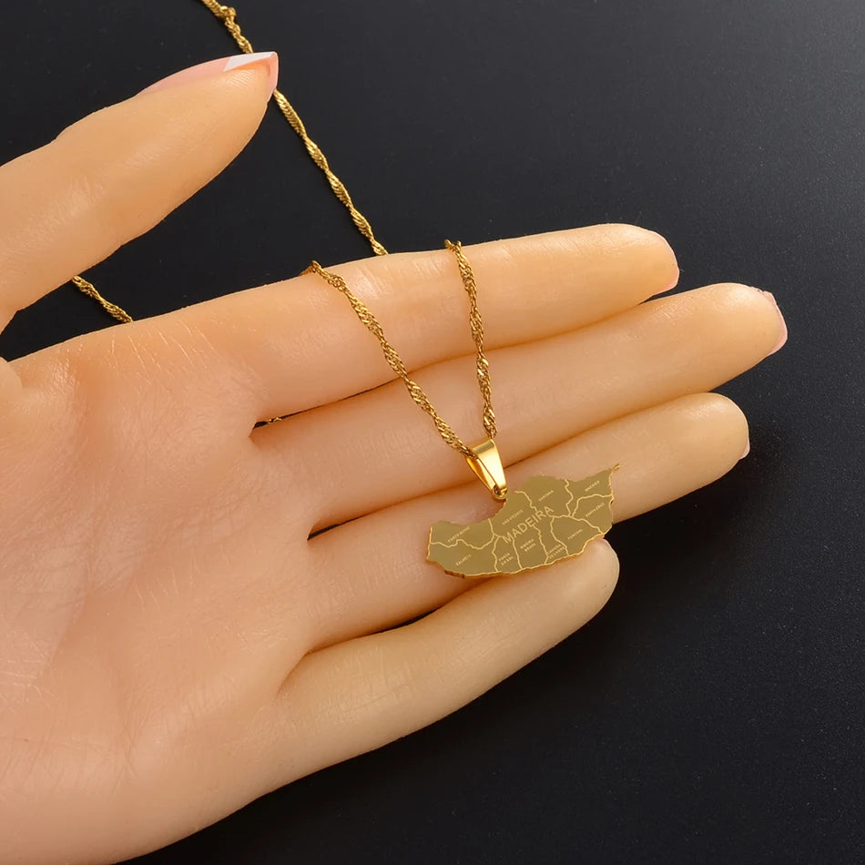 Stainless Steel Madeira Map Pendant Necklace