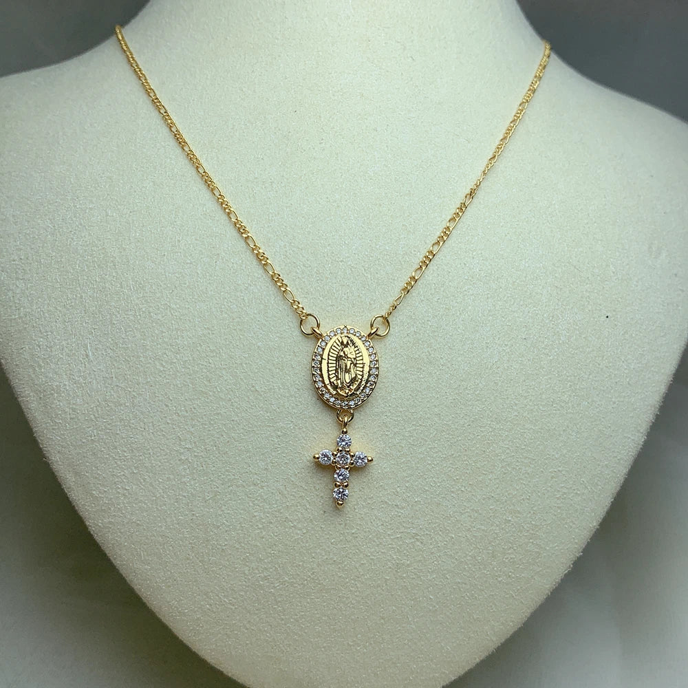 18 K Gold Plated Virgin Mary with Zircon Small Cross Pendant Necklace