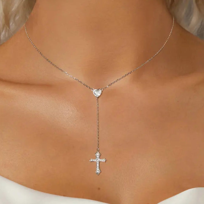 White Gold Plated 925 Sterling Silver Zircon Heart Cross Pendant Necklace Adjustable