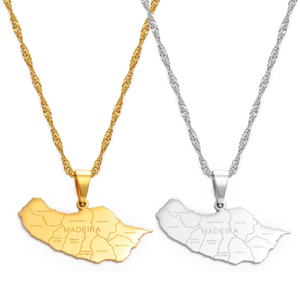 Stainless Steel Madeira Map Pendant Necklace