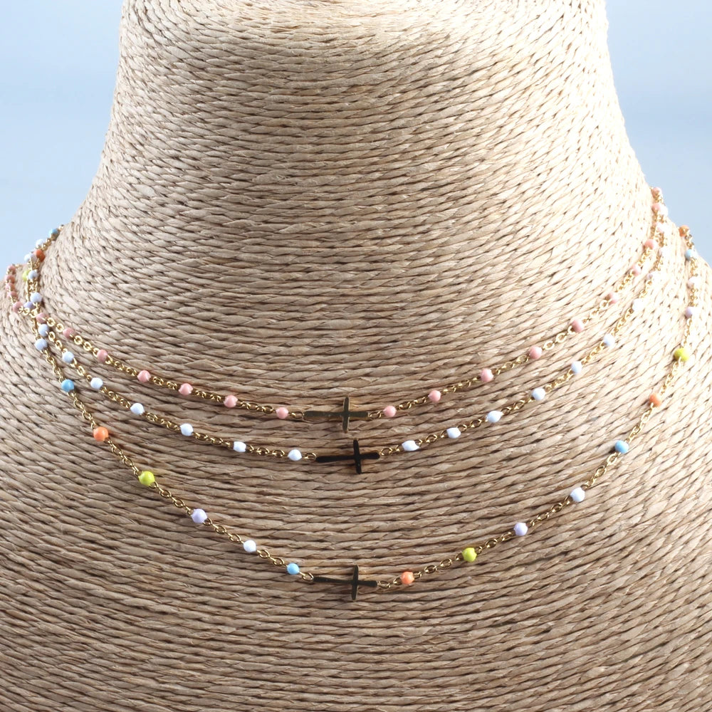 Gold Plated Stainless Steel Cross Peal Necklace