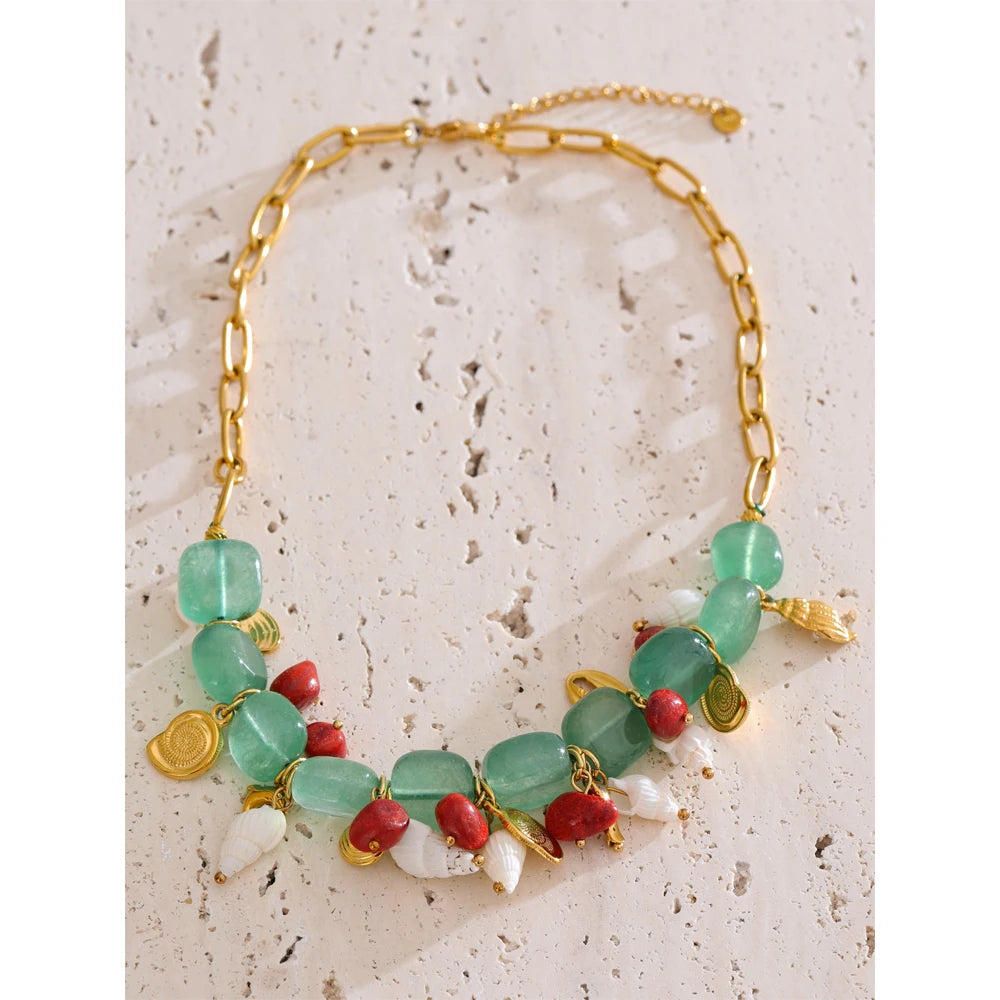 Green Stone Conch & Shell Necklace