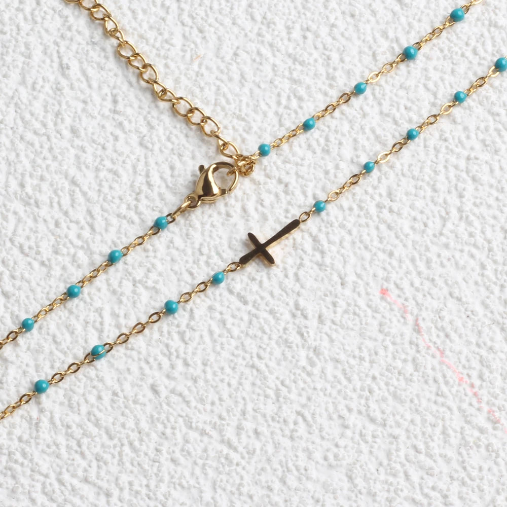 Gold Plated Stainless Steel Cross Peal Necklace