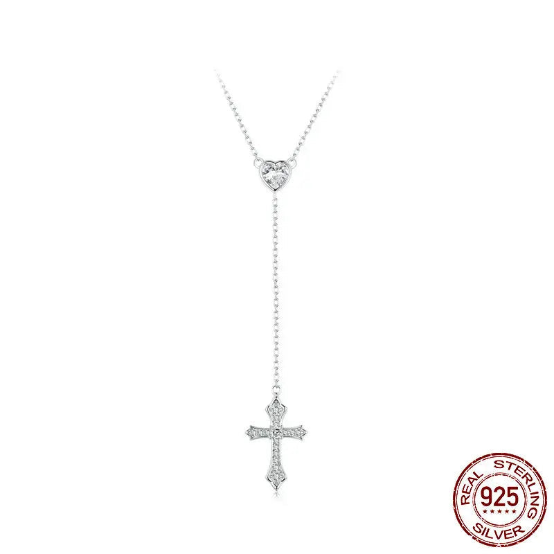 White Gold Plated 925 Sterling Silver Zircon Heart Cross Pendant Necklace Adjustable