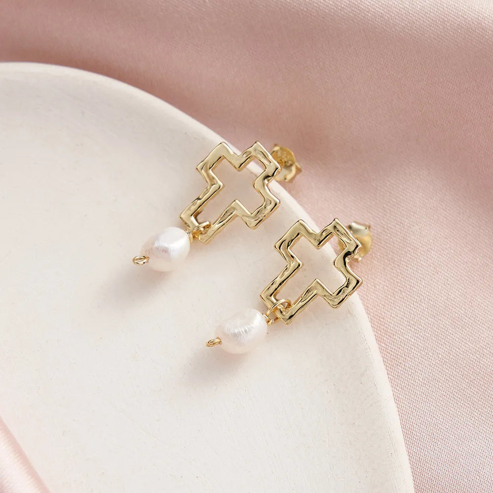 925 Silver Pearl Pendant Chain with Cross Charm Earings