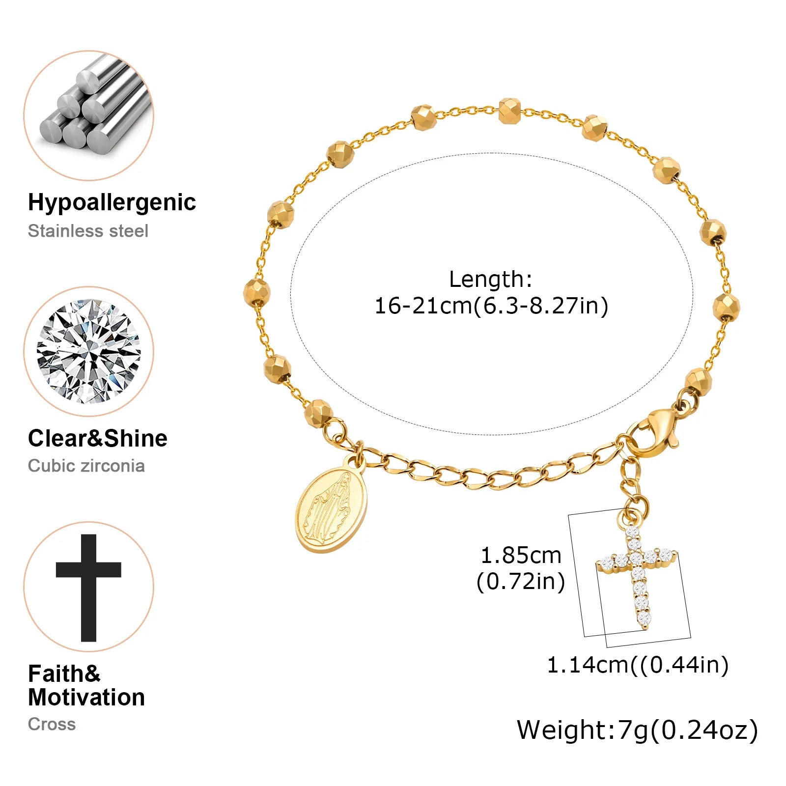Stainless Steel Zirconia Virgin Mary Cross Rosary Bracelet Adjustable