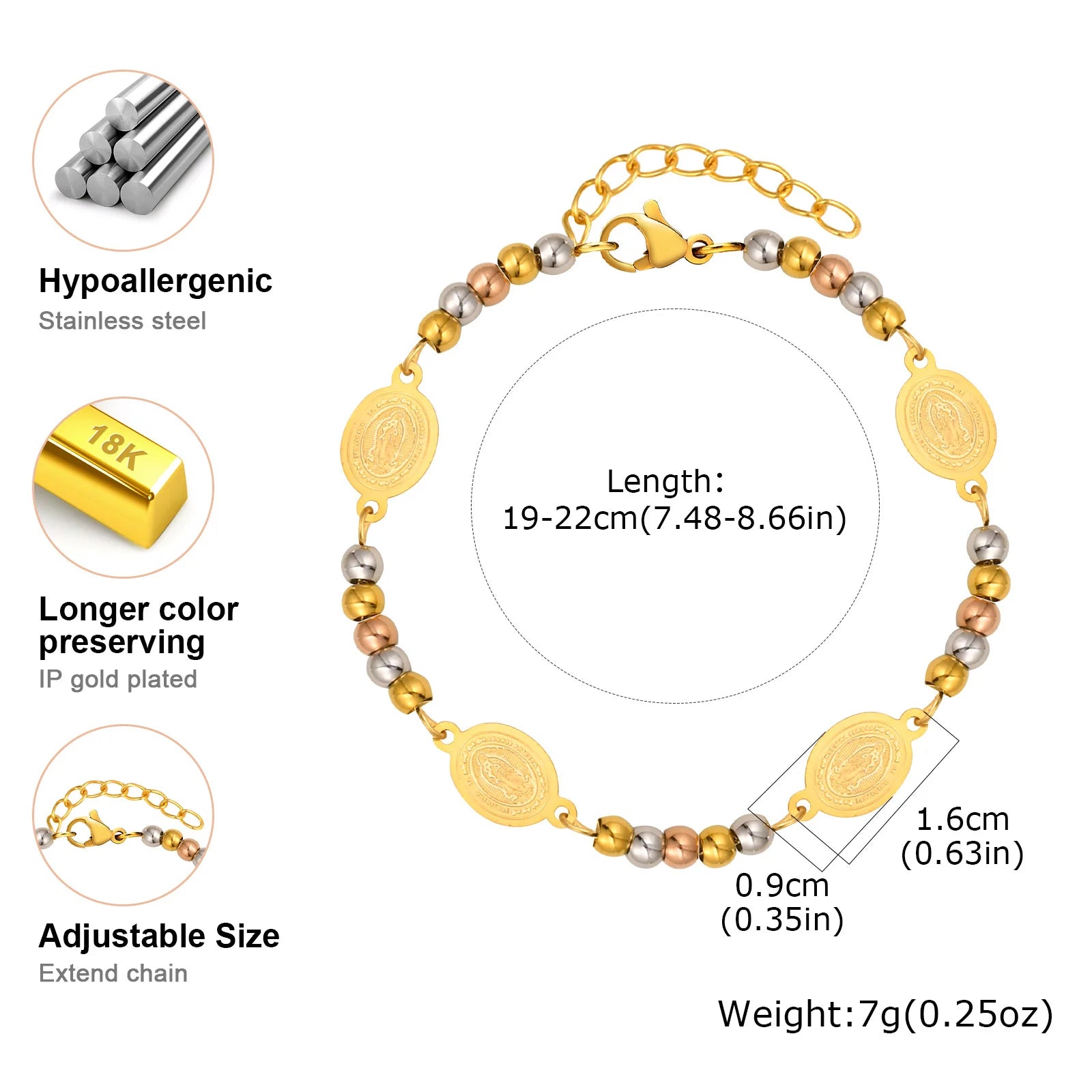 Gold Plated Stainless Steel Virgin Mary Bracelets