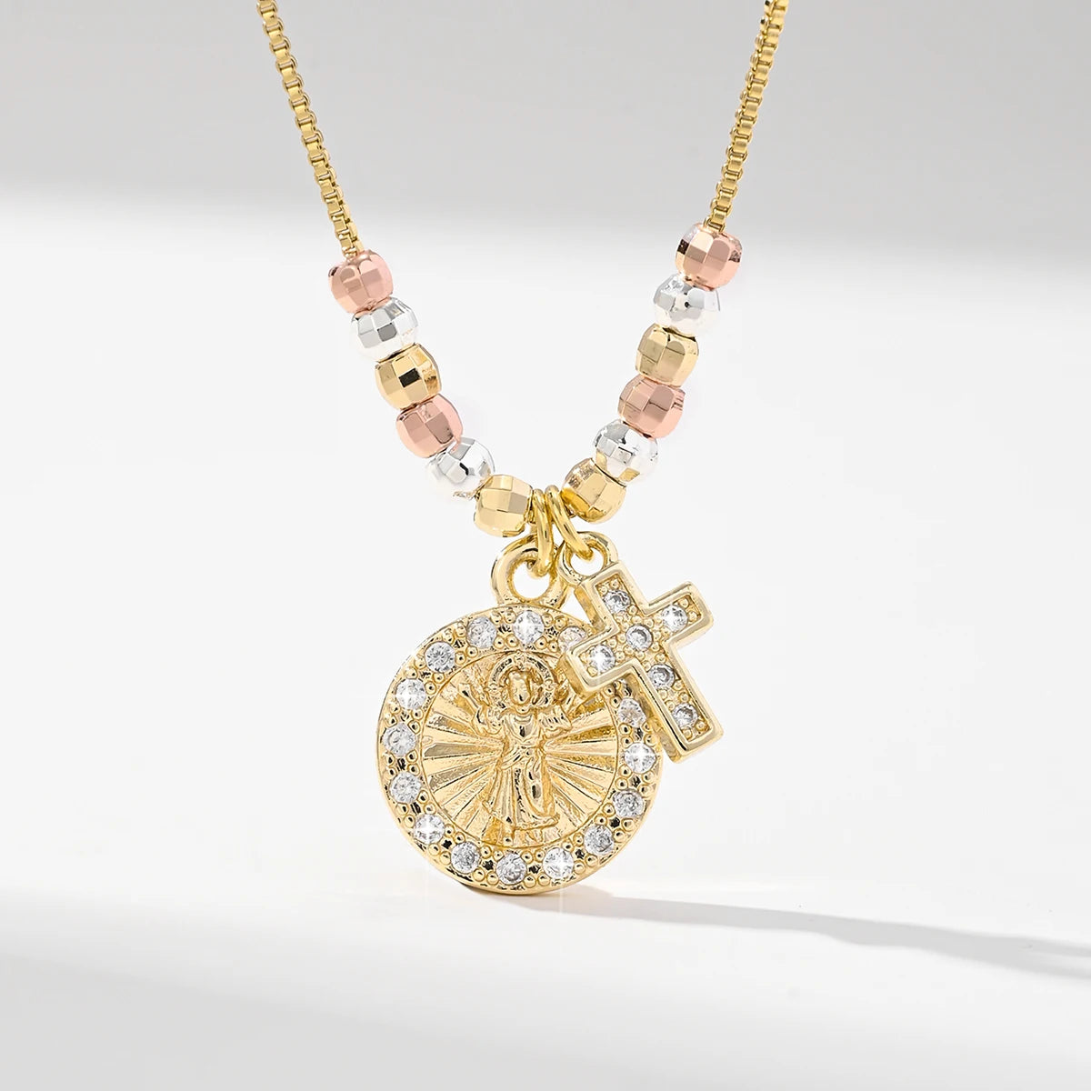 Gold Plated Virgin Mary Round Shape Pendant Necklace