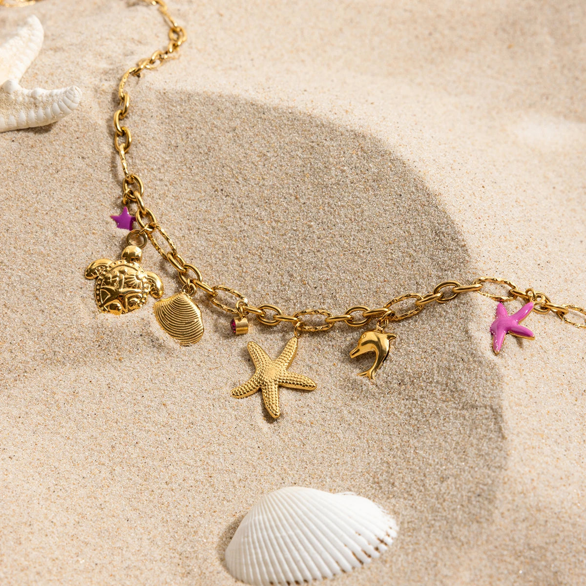 Starfish Shell Turtle Multi Charm Necklace