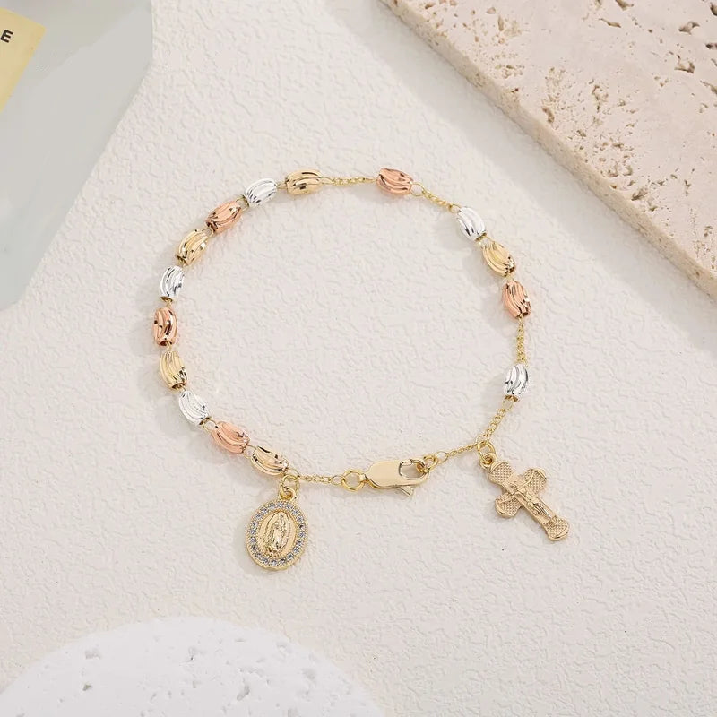 Gold Plated Zirconia Virgin Mary Rosary Bead Bracelet Cross Charm