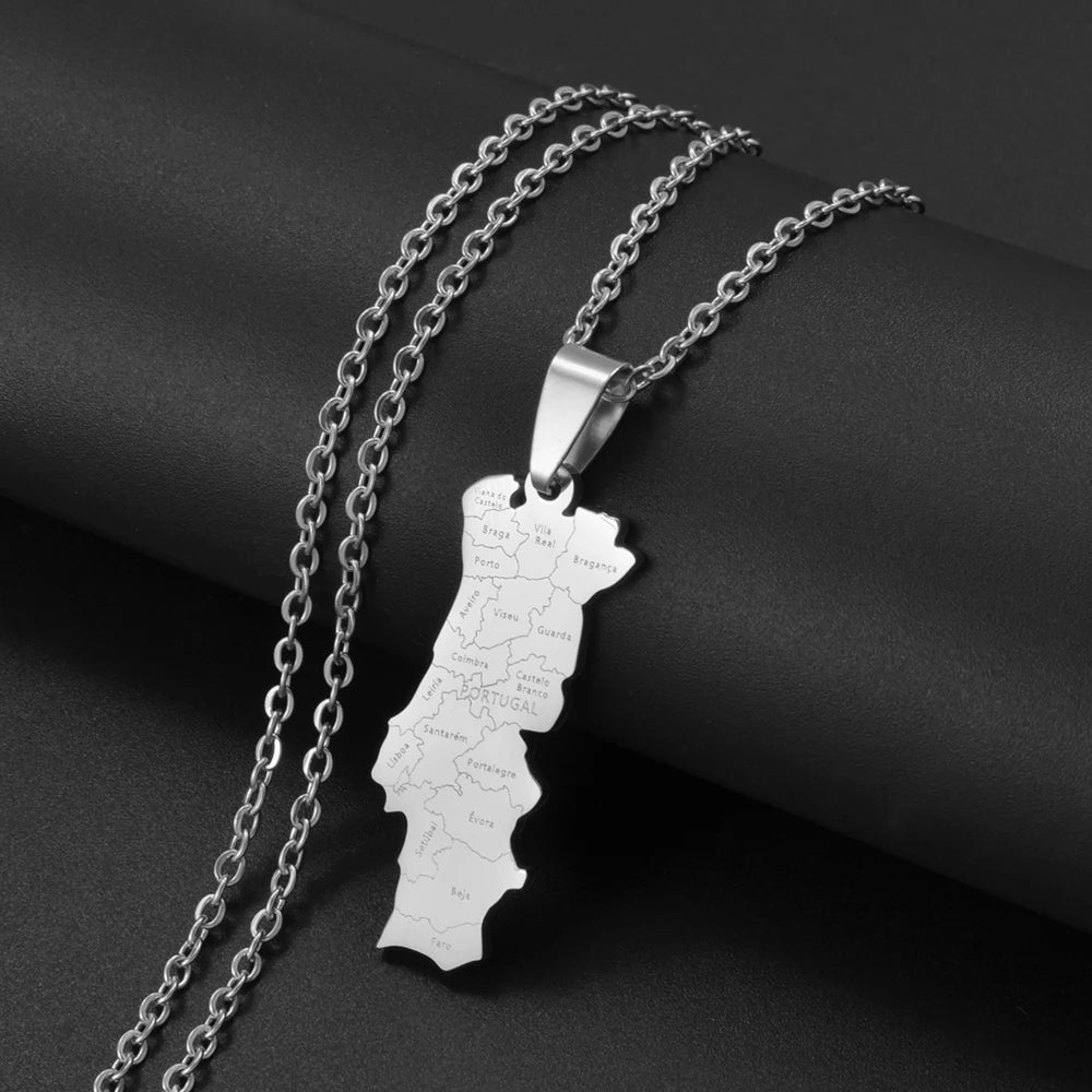 Stainless Steel Portugal Map With Cities Name Pendant Necklace