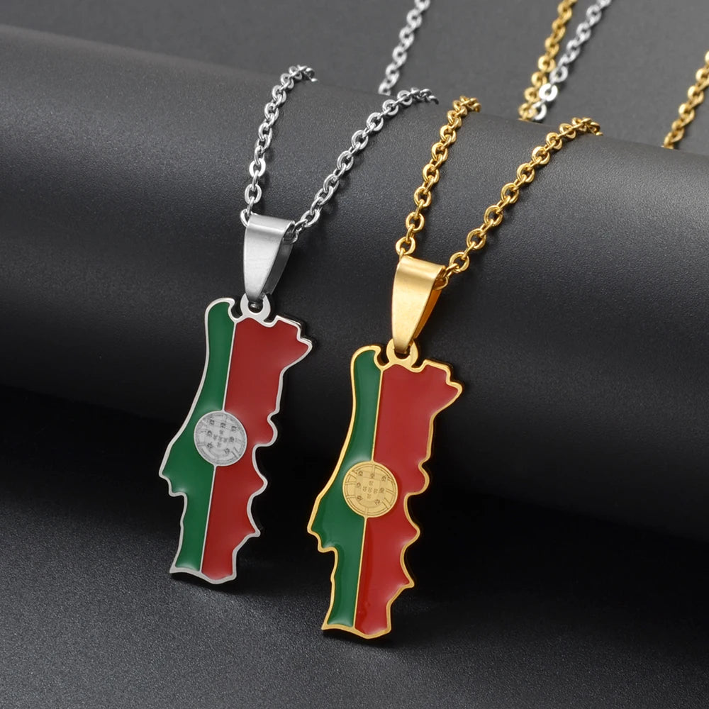 Stainless Steel Portugal Map Flag Pendant Necklace