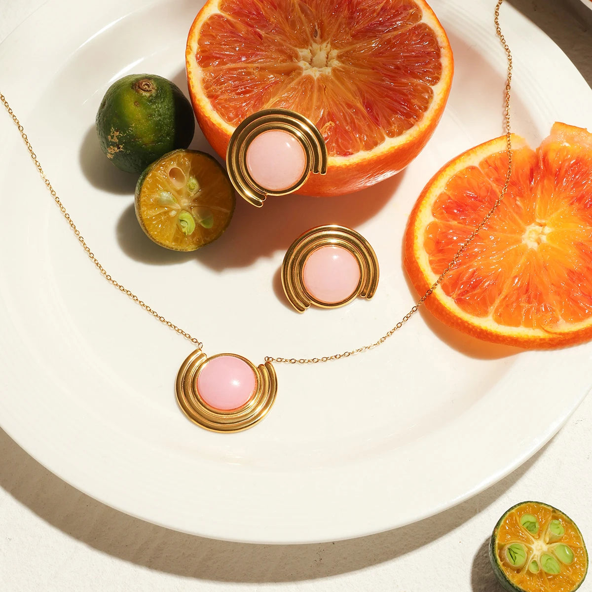 Pink Natural Stone Necklace & Earrings