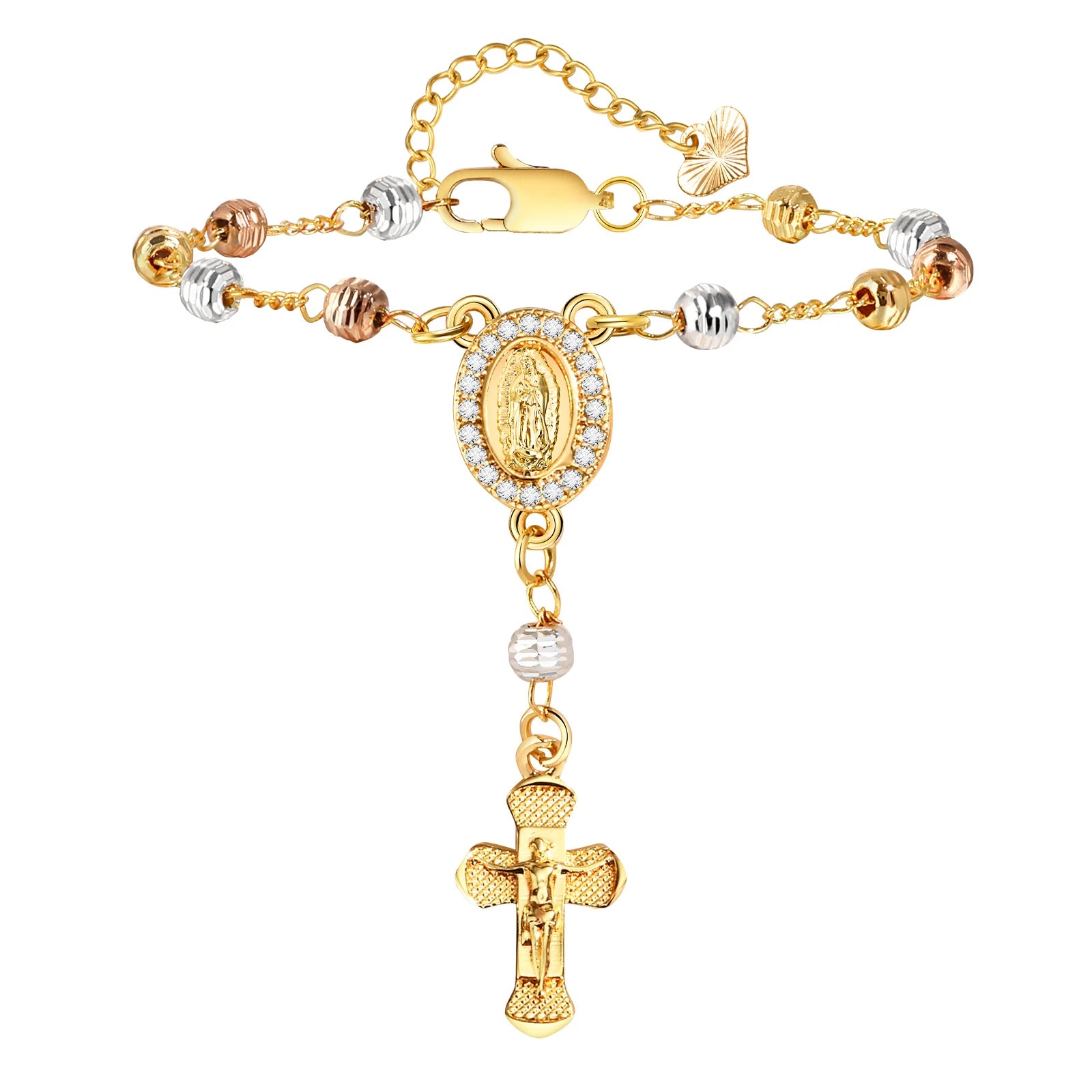 Gold Plated Zirconia Virgin Mary Rosary Tri-color Beaded Wire with Cross Pendent Bracelet Adjustable