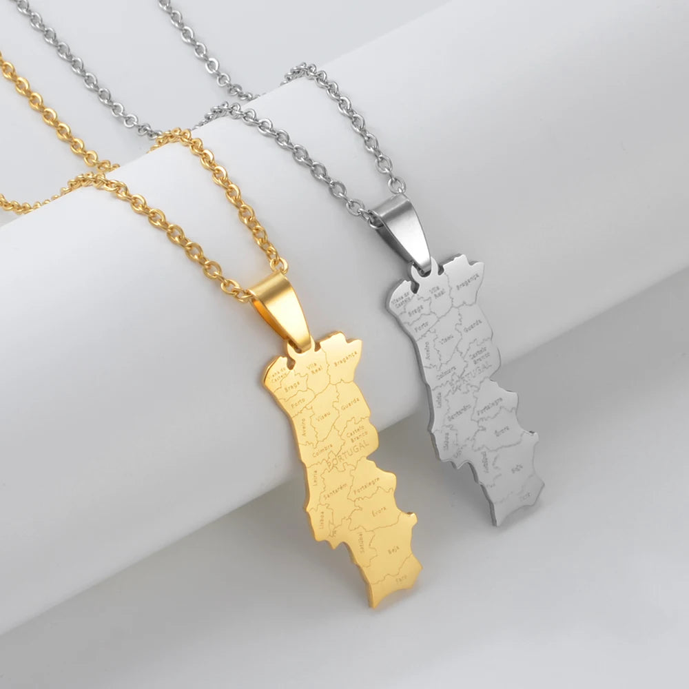 Stainless Steel Portugal Map With Cities Name Pendant Necklace