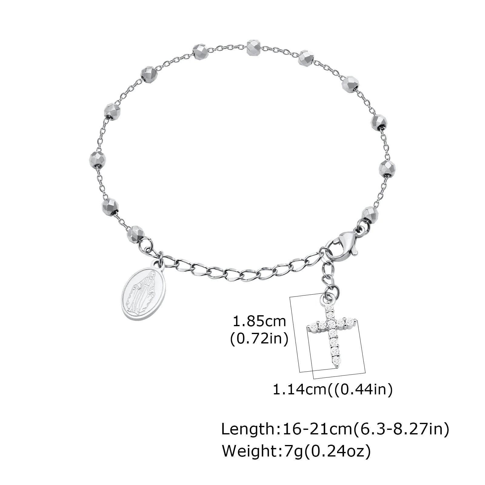 Stainless Steel Zirconia Virgin Mary Cross Rosary Bracelet Adjustable