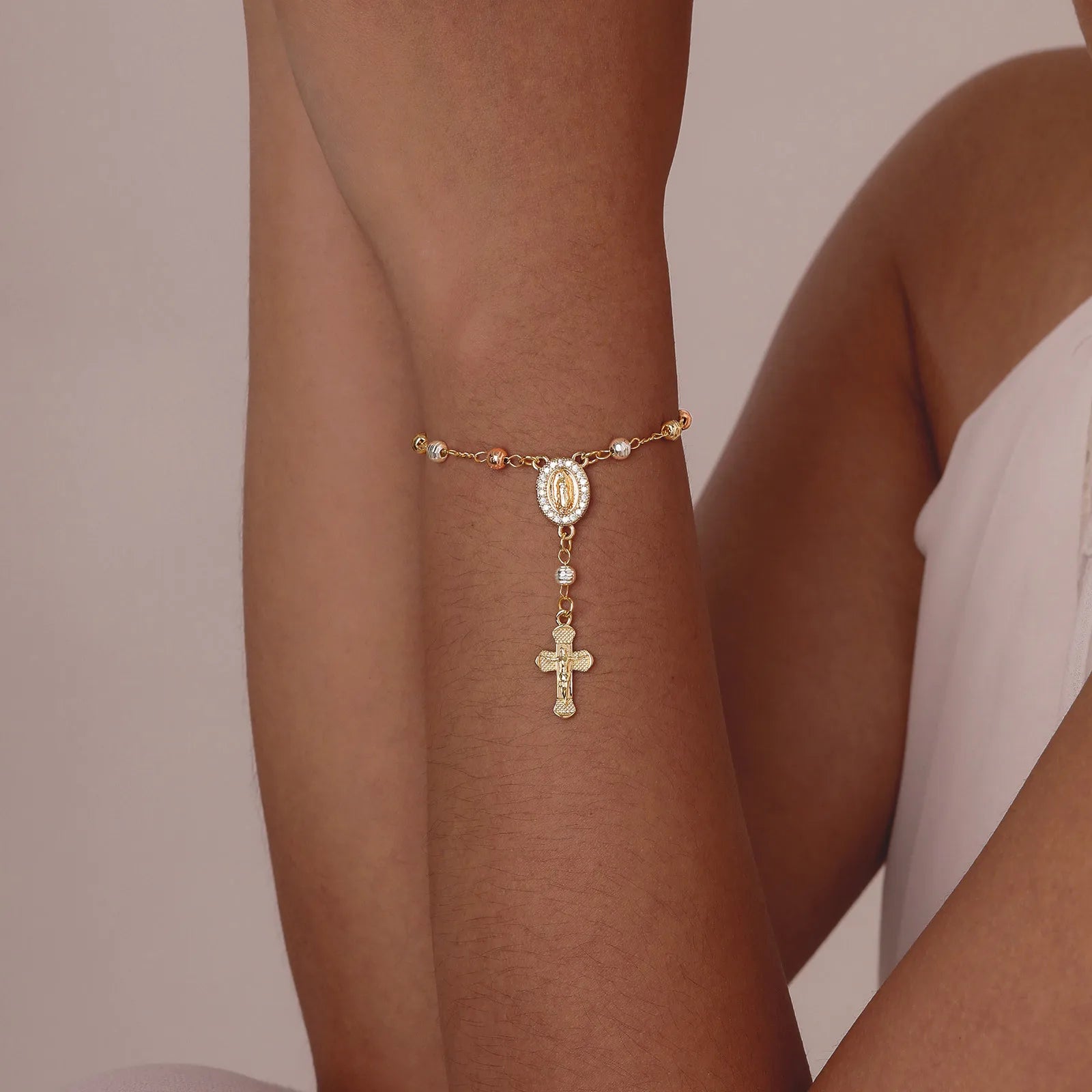 Gold Plated Zirconia Virgin Mary Rosary Tri-color Beaded Wire with Cross Pendent Bracelet Adjustable